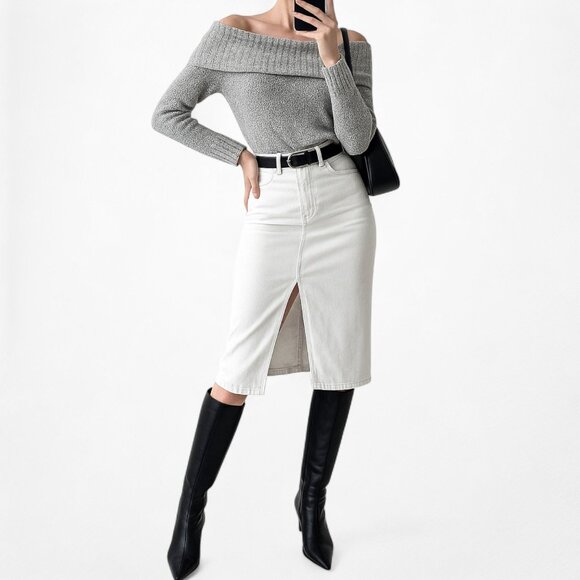 Vintage Y2K Gray Knit Off The Shoulder Long Sleeve Sweater Top Size S - Picture 2 of 6